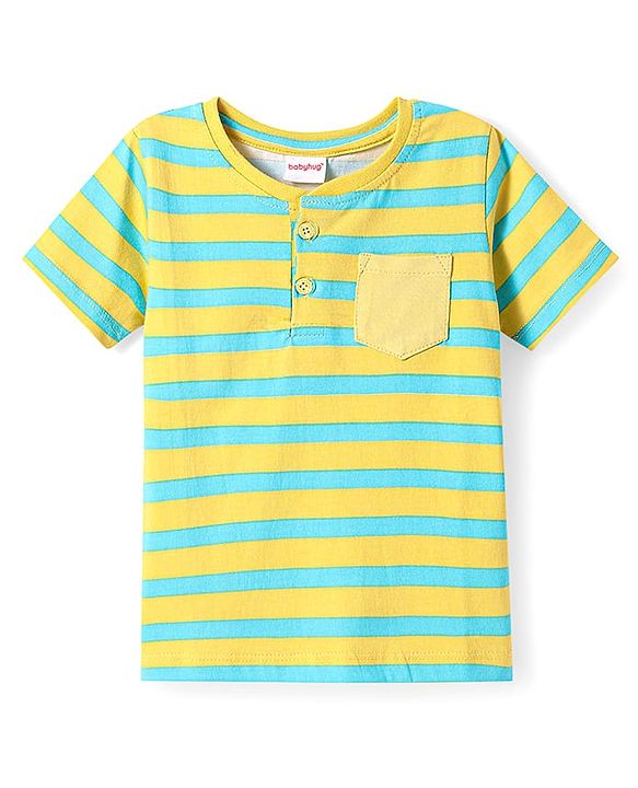 Babyhug Cotton Knit Half Sleeves Henley Neck T-Shirt with Stripes - Yellow