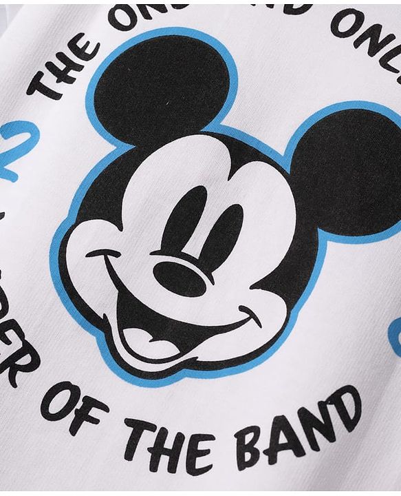 Pine Kids Disney Terry Knit Half Drop Shoulder Sleeves Oversized T-Shirt with Mickey Mouse Front & Back Graphics - White