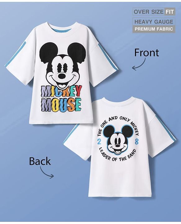 Pine Kids Disney Terry Knit Half Drop Shoulder Sleeves Oversized T-Shirt with Mickey Mouse Front & Back Graphics - White