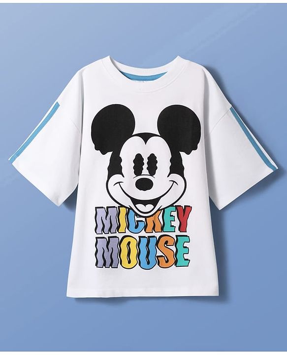 Pine Kids Disney Terry Knit Half Drop Shoulder Sleeves Oversized T-Shirt with Mickey Mouse Front & Back Graphics - White