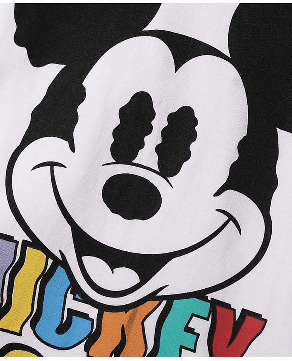 Pine Kids Disney Terry Knit Half Drop Shoulder Sleeves Oversized T-Shirt with Mickey Mouse Front & Back Graphics - White