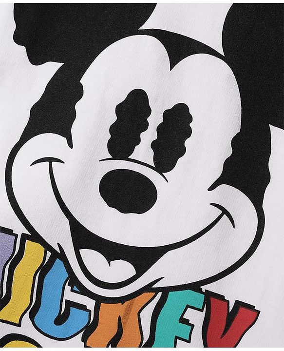 Pine Kids Disney Terry Knit Half Drop Shoulder Sleeves Oversized T-Shirt with Mickey Mouse Front & Back Graphics - White