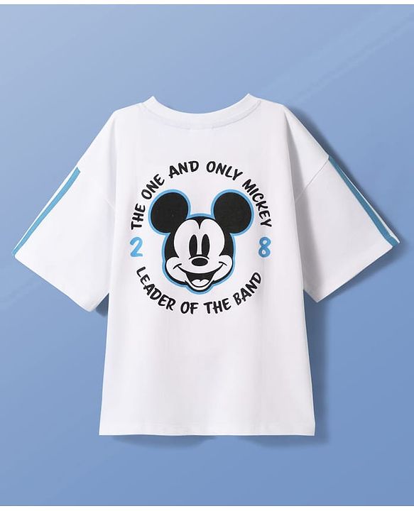 Pine Kids Disney Terry Knit Half Drop Shoulder Sleeves Oversized T-Shirt with Mickey Mouse Front & Back Graphics - White
