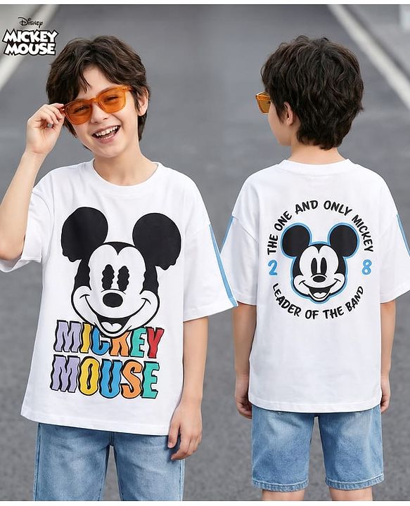 Pine Kids Disney Terry Knit Half Drop Shoulder Sleeves Oversized T-Shirt with Mickey Mouse Front & Back Graphics - White