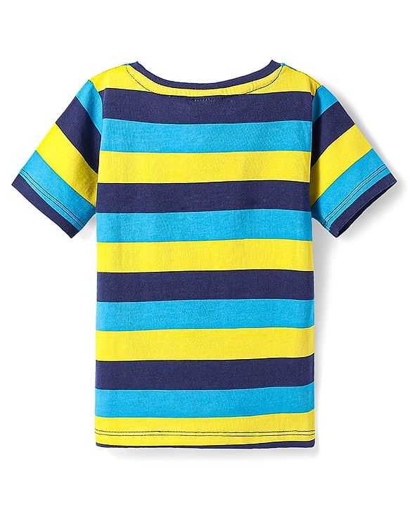 Babyhug Cotton Knit Half Sleeves Henley Neck T-Shirt With Stripes & Pocket - Yellow & Blue