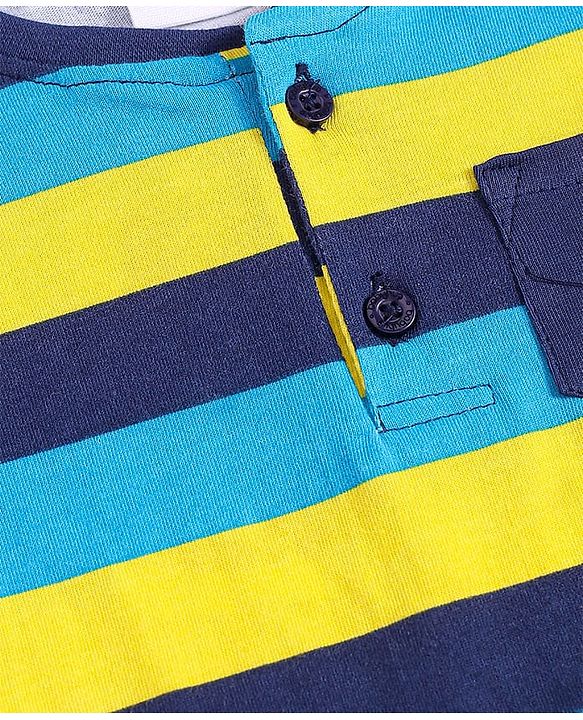 Babyhug Cotton Knit Half Sleeves Henley Neck T-Shirt With Stripes & Pocket - Yellow & Blue