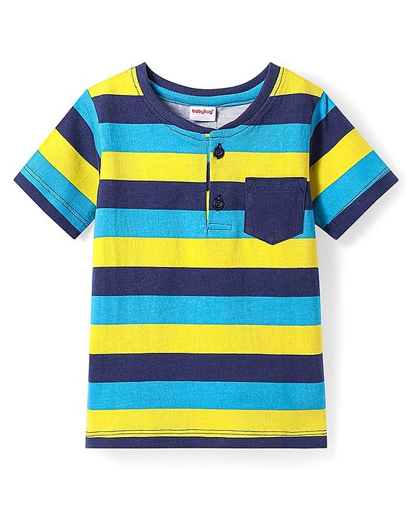 Babyhug Cotton Knit Half Sleeves Henley Neck T-Shirt With Stripes & Pocket - Yellow & Blue