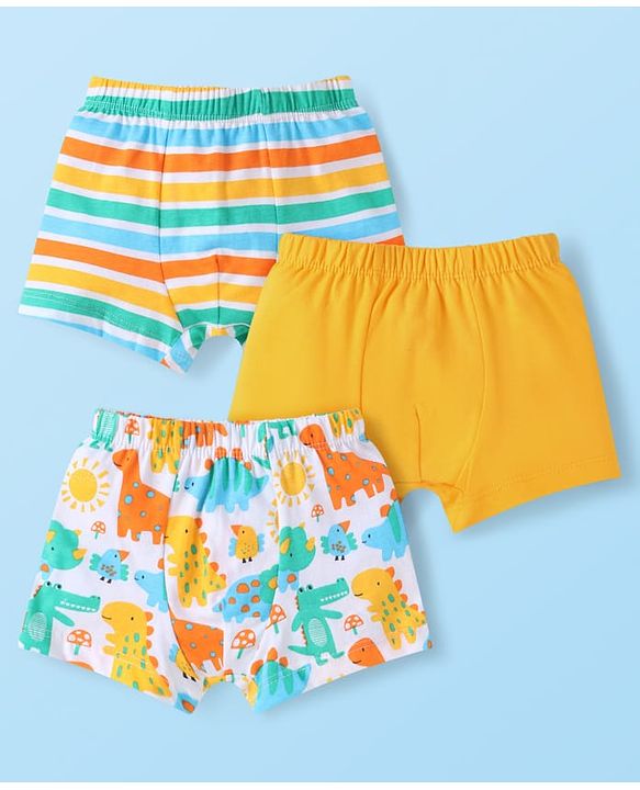 Babyhug 100% Cotton Knit Trunks With Stripes & Dino Print Pack of 3 - White & Yellow