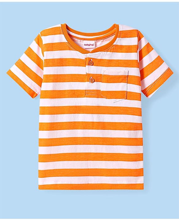 Babyhug Cotton Knit Half Sleeves Henley Neck T-Shirt With Stripes & Pocket - White & Orange