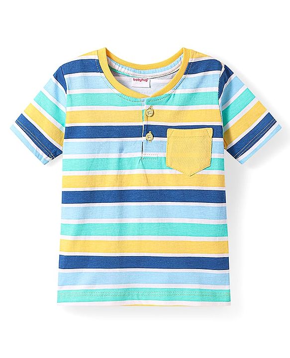 Babyhug Cotton Knit Half Sleeves Henley Neck T-Shirt With Stripes & Pocket - Yellow & Blue