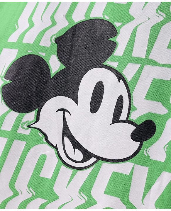 Pine Kids Disney Terry Knit Half Drop Shoulder Sleeves Oversized T-Shirt with Mickey Mouse Front & Back Graphics - Light Green