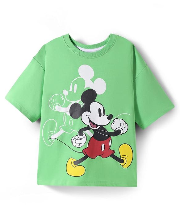 Pine Kids Disney Terry Knit Half Drop Shoulder Sleeves Oversized T-Shirt with Mickey Mouse Front & Back Graphics - Light Green