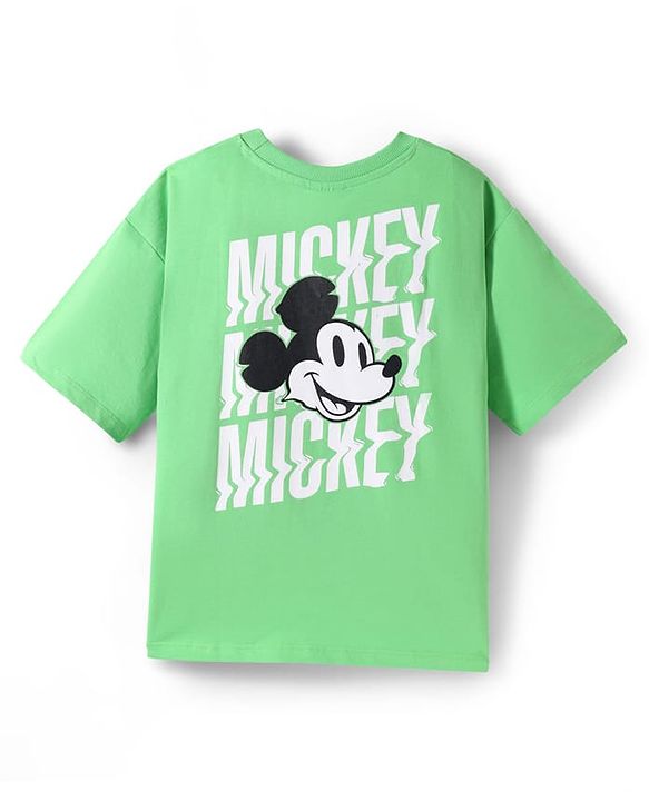 Pine Kids Disney Terry Knit Half Drop Shoulder Sleeves Oversized T-Shirt with Mickey Mouse Front & Back Graphics - Light Green