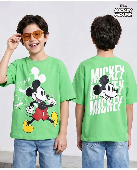Pine Kids Disney Terry Knit Half Drop Shoulder Sleeves Oversized T-Shirt with Mickey Mouse Front & Back Graphics - Light Green