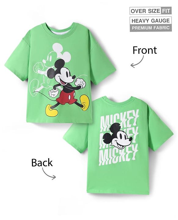 Pine Kids Disney Terry Knit Half Drop Shoulder Sleeves Oversized T-Shirt with Mickey Mouse Front & Back Graphics - Light Green