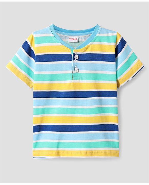 Babyhug Cotton Knit Half Sleeves Henley Neck T-Shirt with Stripes - Light Blue