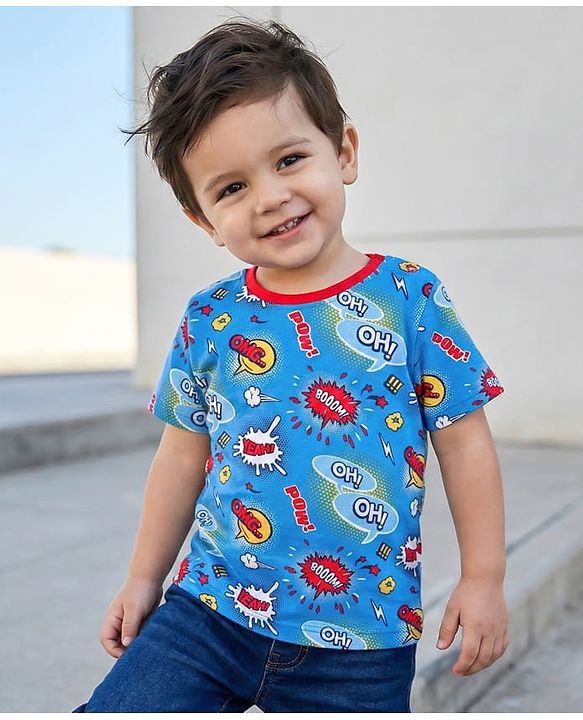 Babyhug Cotton Knit Half Sleeves T-Shirt With OMG Text Print - Blue & Red