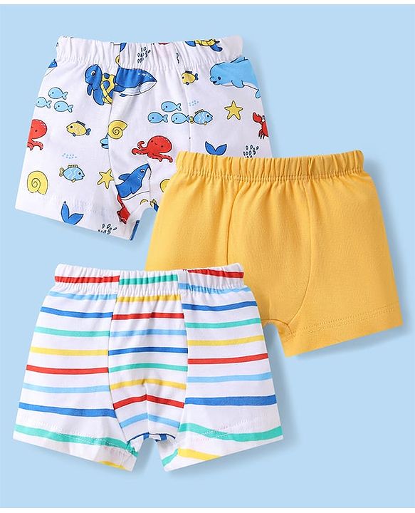 Babyhug 100% Cotton Knit Antibacterial Trunks With Stripes & Sea Life Print Pack Of 3 - White & Yellow