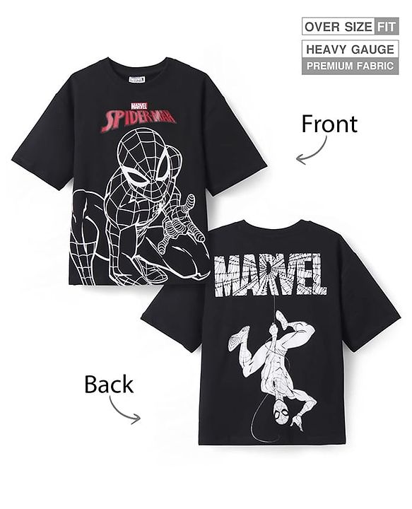 Pine Kids Marvel Terry Knit Half Sleeves Oversize Drop Shoulder T-Shirt With Front And Back Spider Man Graphics - Black