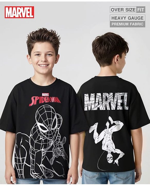 Pine Kids Marvel Terry Knit Half Sleeves Oversize Drop Shoulder T-Shirt With Front And Back Spider Man Graphics - Black