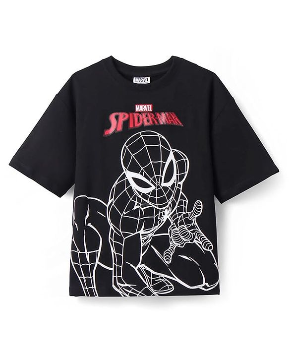 Pine Kids Marvel Terry Knit Half Sleeves Oversize Drop Shoulder T-Shirt With Front And Back Spider Man Graphics - Black