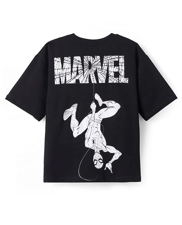 Pine Kids Marvel Terry Knit Half Sleeves Oversize Drop Shoulder T-Shirt With Front And Back Spider Man Graphics - Black