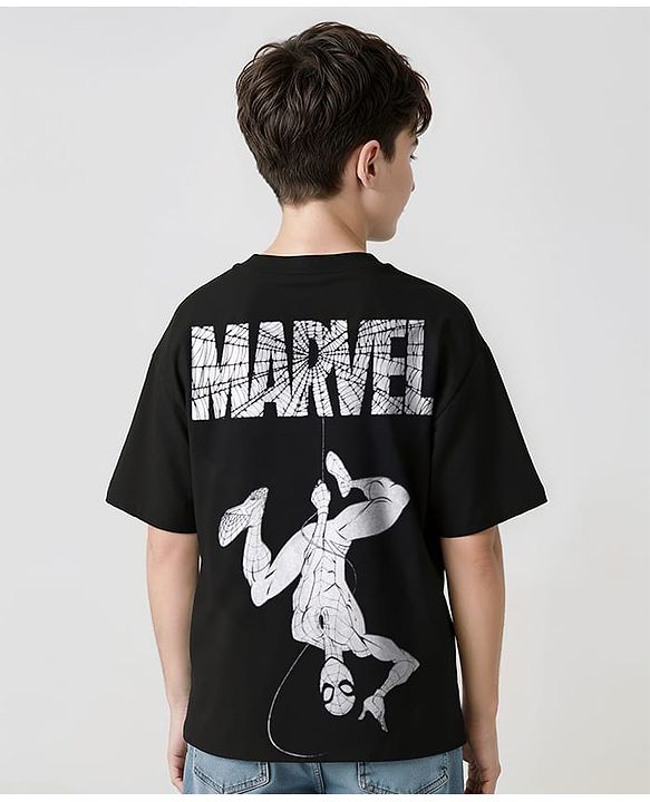 Pine Kids Marvel Terry Knit Half Sleeves Oversize Drop Shoulder T-Shirt With Front And Back Spider Man Graphics - Black