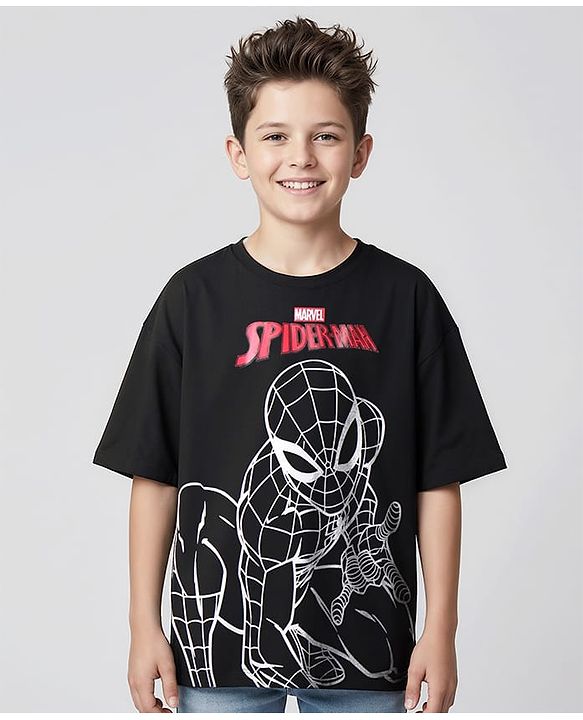 Pine Kids Marvel Terry Knit Half Sleeves Oversize Drop Shoulder T-Shirt With Front And Back Spider Man Graphics - Black