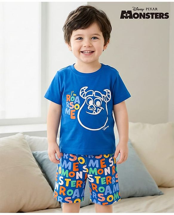 Babyhug Disney Single Jersey Knit Half Sleeves Shorts Night Suit With Monster Graphic - Blue
