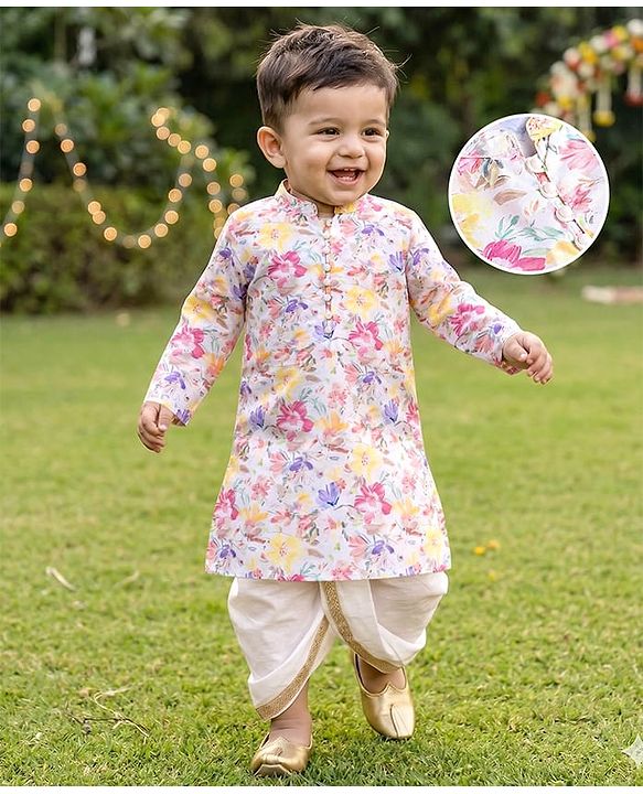 Babyhug Cotton Woven Full Sleeves Kurta Dhoti Set With Floral Print - White