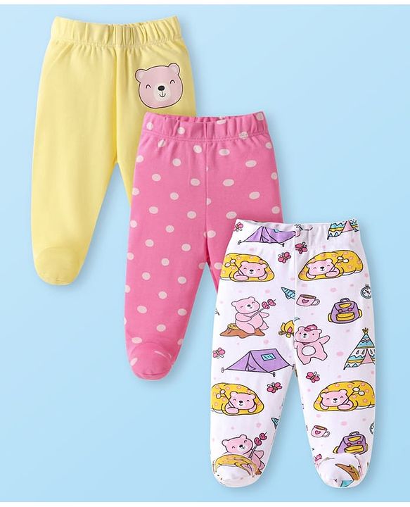 Babyhug Interlock Knit Bootie Leggings with Polka Dots & Bear Print Pack of 3 - Yellow White & Pink