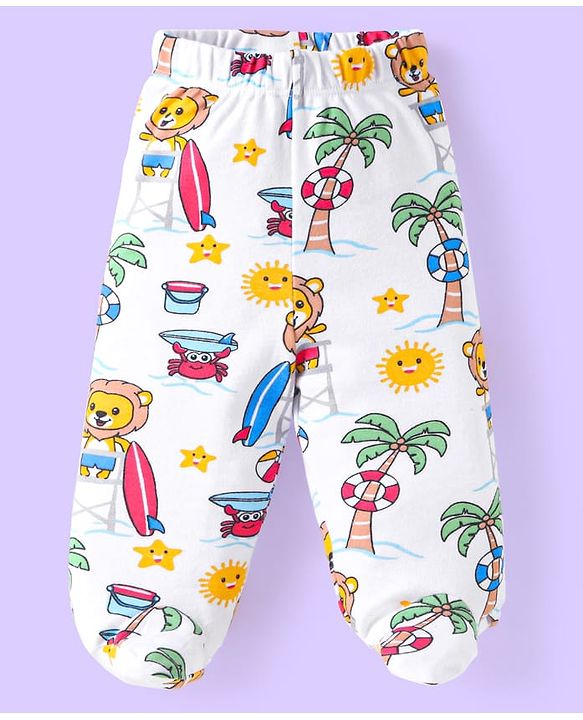 Babyhug 100% Cotton Interlock Knit Bootie Leggings With Animal & Beach Theme Print Pack of 3 - Blue Yellow & White