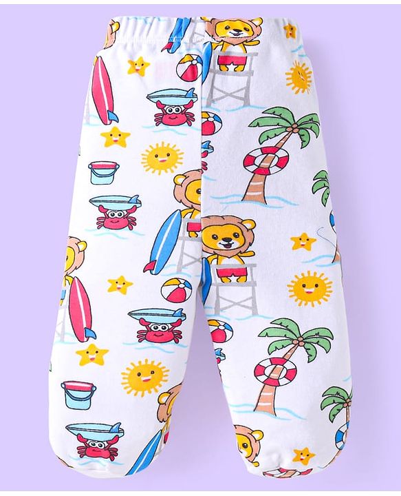 Babyhug 100% Cotton Interlock Knit Bootie Leggings With Animal & Beach Theme Print Pack of 3 - Blue Yellow & White