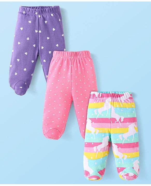 Babyhug Interlock Knit Footed Leggings with Polka Dots Unicorn & Hearts Print Pack of 3 - Pink & Purple