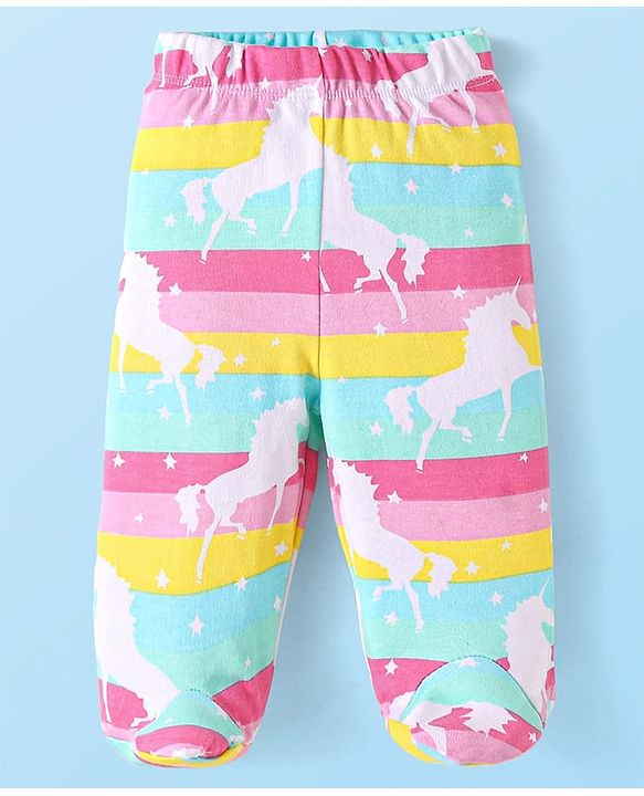Babyhug Interlock Knit Footed Leggings with Polka Dots Unicorn & Hearts Print Pack of 3 - Pink & Purple