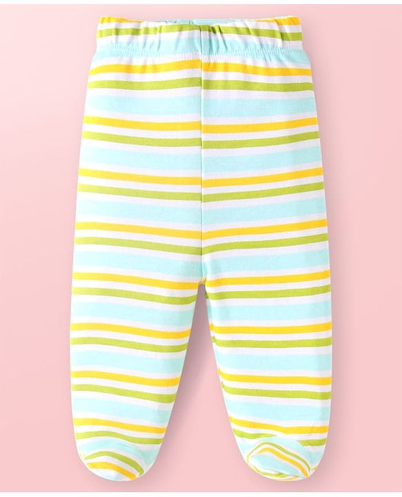 Babyhug Interlock Knit Full Length Bootie Leggings with Stripes & Dino Print Pack of 3 - Light Blue & White