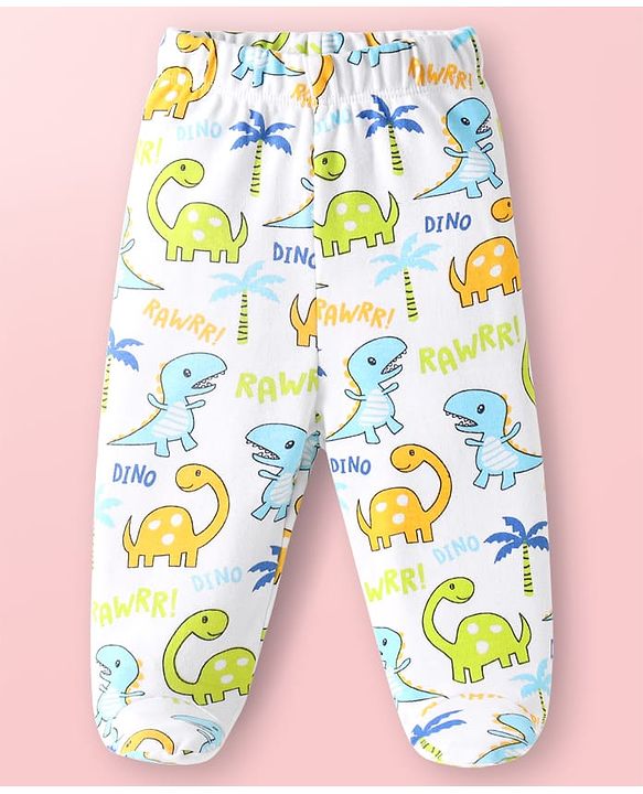 Babyhug Interlock Knit Full Length Bootie Leggings with Stripes & Dino Print Pack of 3 - Light Blue & White