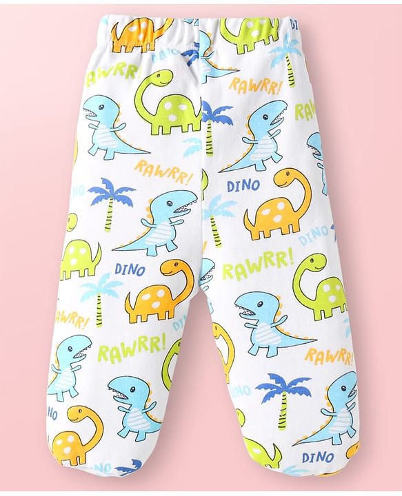 Babyhug Interlock Knit Full Length Bootie Leggings with Stripes & Dino Print Pack of 3 - Light Blue & White