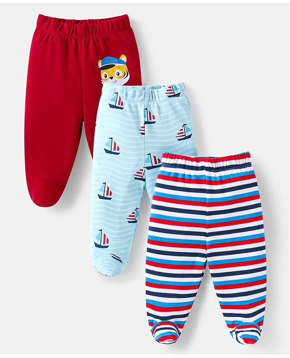 Babyhug Cotton Interlock Knit Full Length Bootie Leggings  with Cub & Boat Print Pack of 3 -Dark Red & Sky Blue