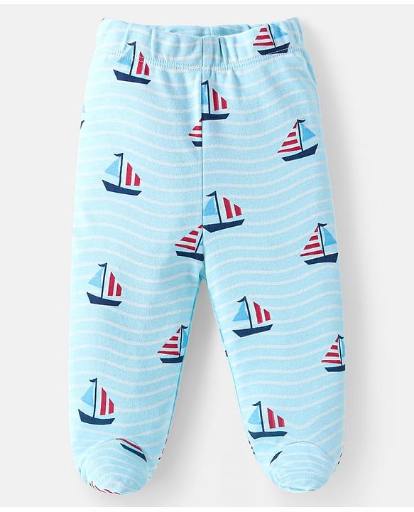 Babyhug Cotton Interlock Knit Full Length Bootie Leggings  with Cub & Boat Print Pack of 3 -Dark Red & Sky Blue