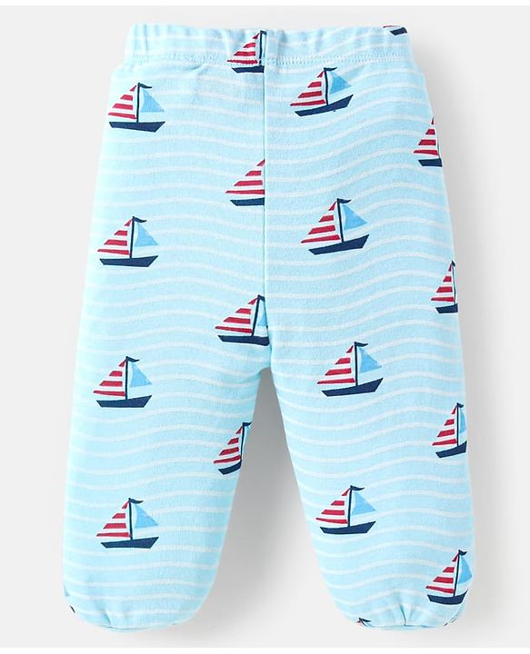 Babyhug Cotton Interlock Knit Full Length Bootie Leggings  with Cub & Boat Print Pack of 3 -Dark Red & Sky Blue