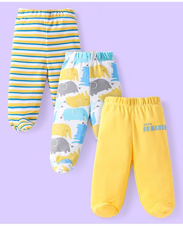 Babyhug Interlock Knit Bootie Leggings With Stripes & Elephant Print Pack of 3 - Yellow White & Blue