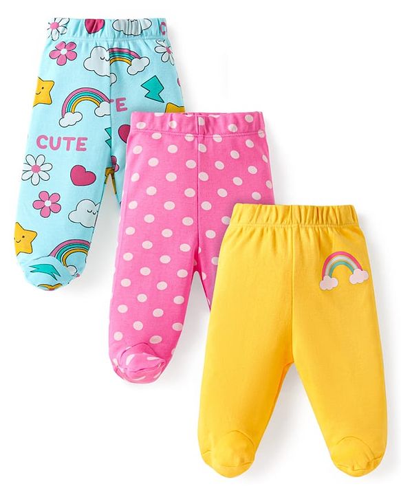 Babyhug Interlock Knit Bootie Leggings With Polka Dot & Unicorn Print Pack of 3 - Yellow Dark Pink & Light Blue