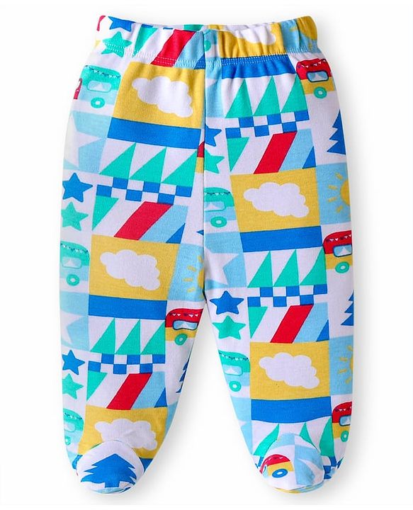 Babyhug 100% Cotton Interlock Knit Bootie Leggings with Stripes & Bus Print Pack of 3 - Yellow Light Blue & Pink