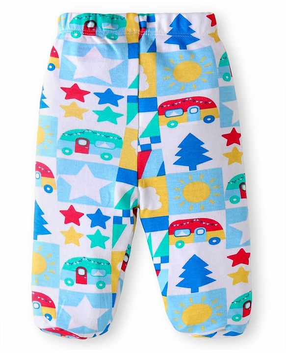 Babyhug 100% Cotton Interlock Knit Bootie Leggings with Stripes & Bus Print Pack of 3 - Yellow Light Blue & Pink