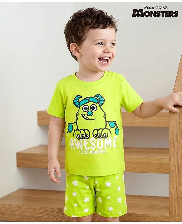 Babyhug Disney Single Jersey Knit Half Sleeves Shorts Night Suit With Monster Graphic - Limegreen