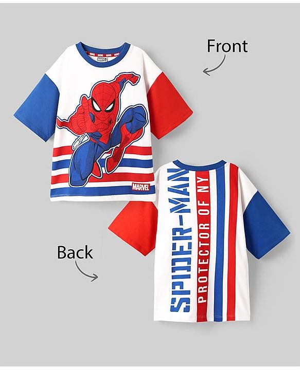 Pine Kids Marvel Terry Knit Half Sleeves Oversized And Drop Shoulder T-Shirt With Front And Back Spider Man Graphics - White & Blue