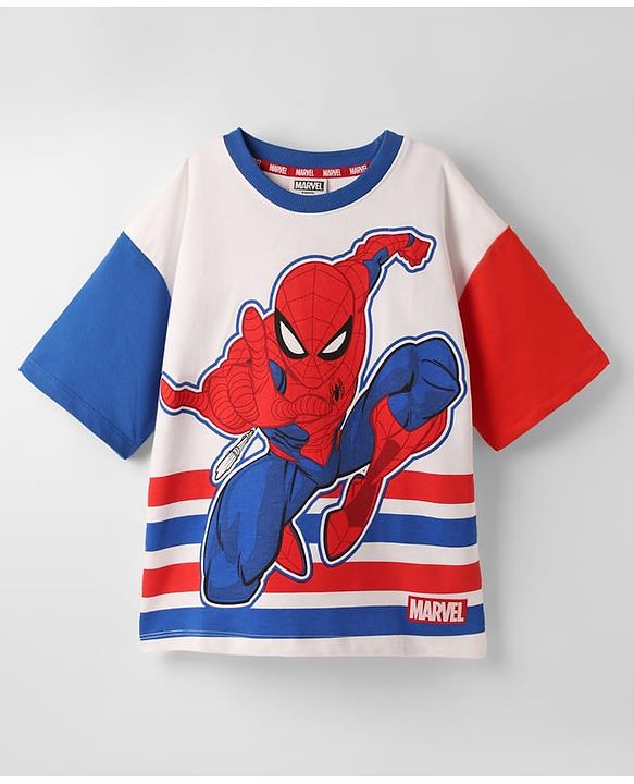 Pine Kids Marvel Terry Knit Half Sleeves Oversized And Drop Shoulder T-Shirt With Front And Back Spider Man Graphics - White & Blue
