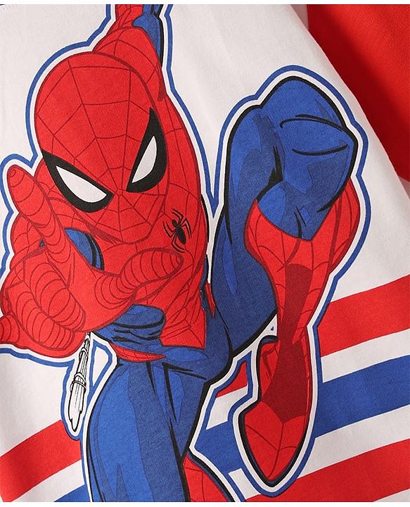 Pine Kids Marvel Terry Knit Half Sleeves Oversized And Drop Shoulder T-Shirt With Front And Back Spider Man Graphics - White & Blue