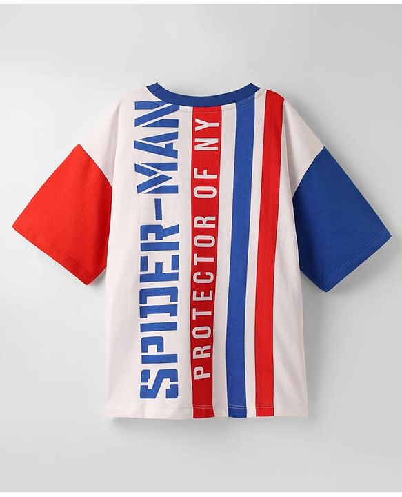 Pine Kids Marvel Terry Knit Half Sleeves Oversized And Drop Shoulder T-Shirt With Front And Back Spider Man Graphics - White & Blue